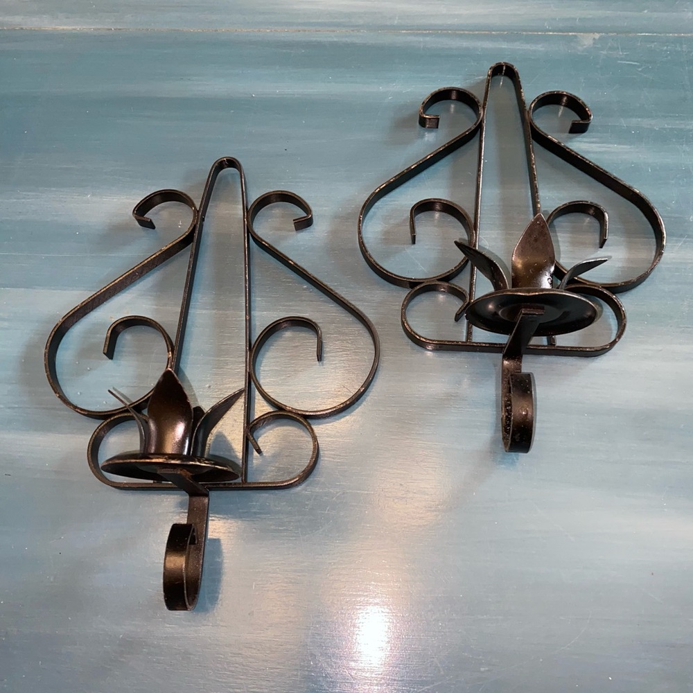 Vintage MCM Spanish Wrought Iron Black Metal Scroll Candle Holder Wall Sconces C